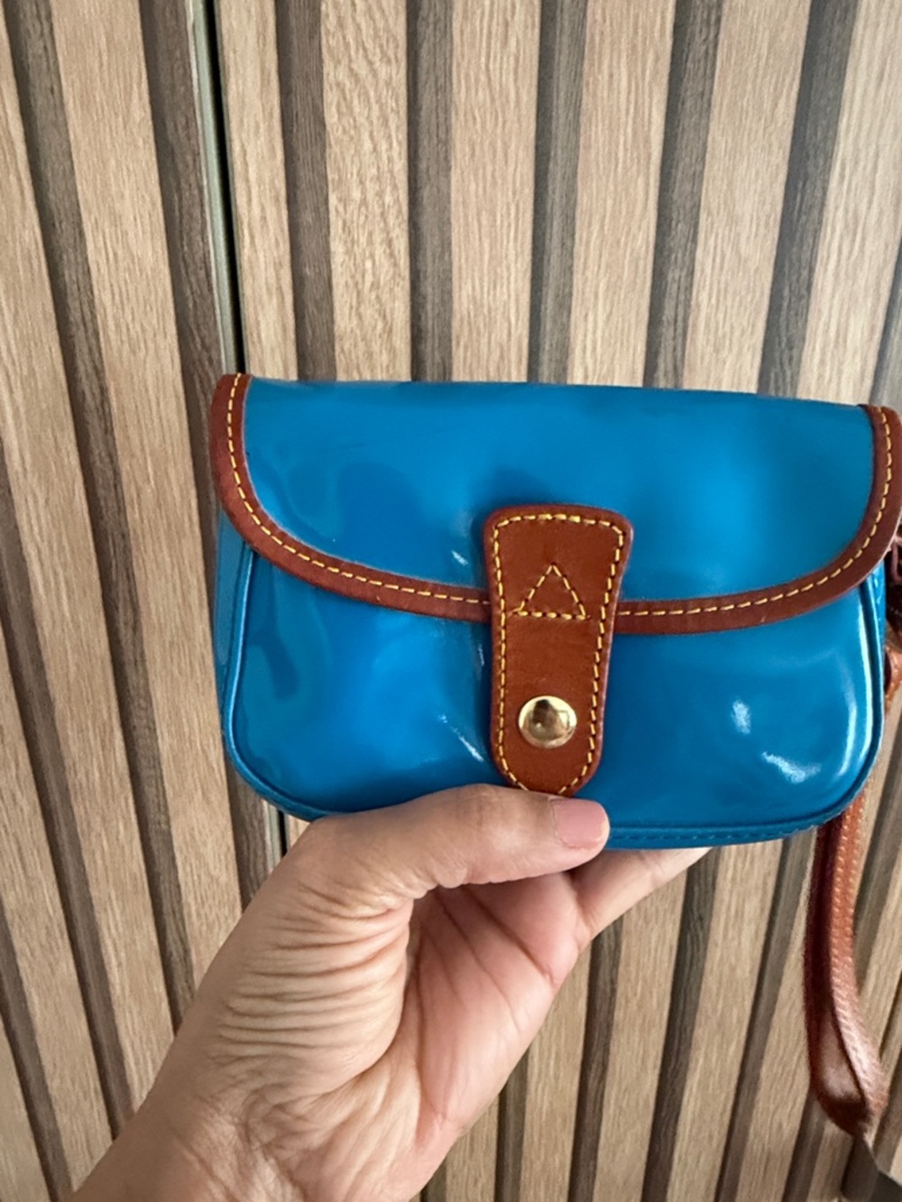 Dooney & Bourke Patent Leather Clutch in Bright Blue with Brown Trim - Picture 9 of 10